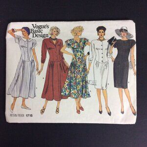 Vogue 1715 Misses Dress Sewing Pattern Size 6 8 10 Basic Design UNCUT Vtg 1986